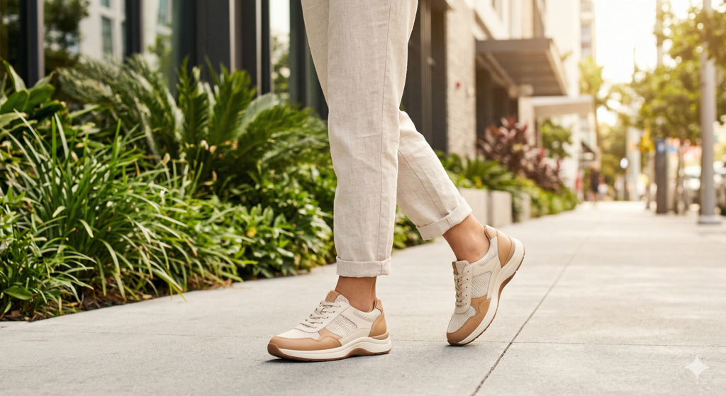 Primer plano de zapatos cómodos en tonos beige y marrón para caminar por la ciudad