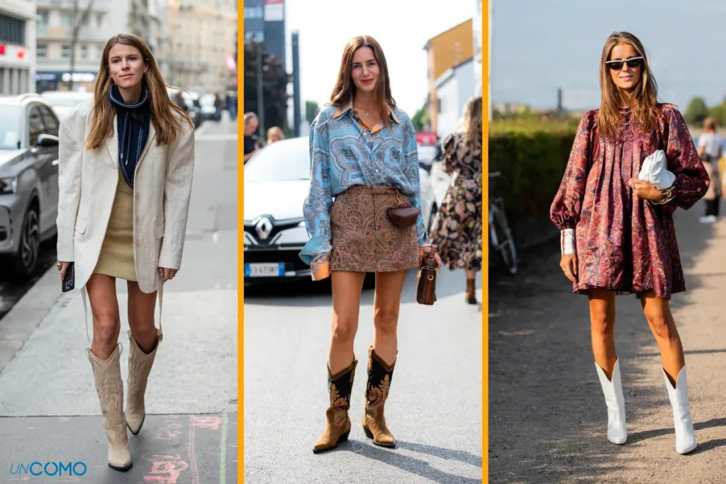 Tres ejemplos de inspiración en moda calzado combinando botas estilo cowboy con vestidos y faldas cortas, ideales para crear looks de zapatos de mujer frescos durante el verano.