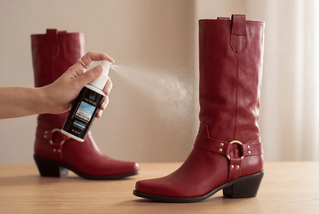 Aplicación de un spray protector ecológico sobre unas botas cowboy rojas de piel, un paso clave para cuidar tu moda calzado y mantener tus zapatos comodos.