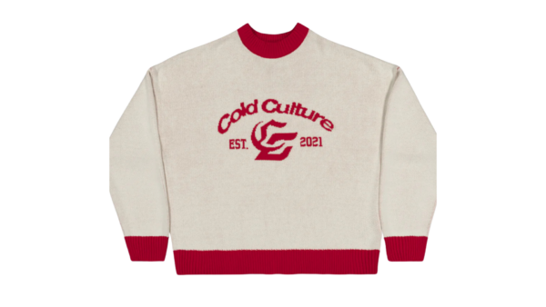 Jersey punto beige con detalles en rojo