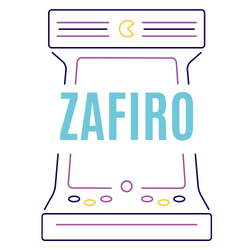 Logo zafiro representado sobre una consola con líneas de color azul oscuro, morado y amarillo con la palabra Zafiro en azul claro.