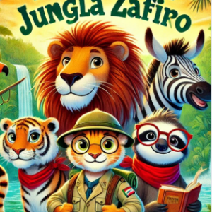 Libro de cuentos infantiles de zafiro, llamdo "Aventuras en la jungla Zafiro", libro ilustrado con los amigos de zarpi que son una cebra, tigre, oso perezoso