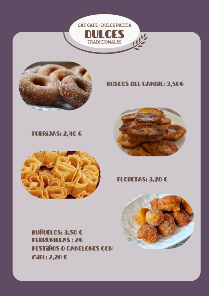 café y gatos en Cáceres Carta con todos los dulces tradicionales