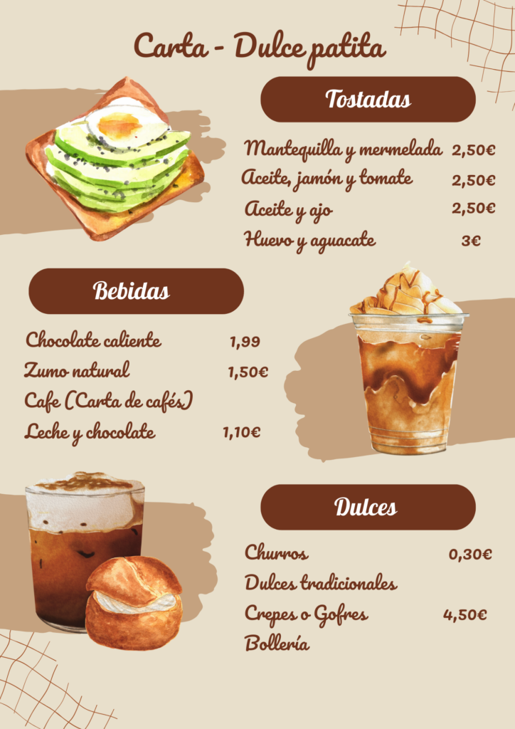 café y gatos en Cáceres Carta con nuestro desayunos